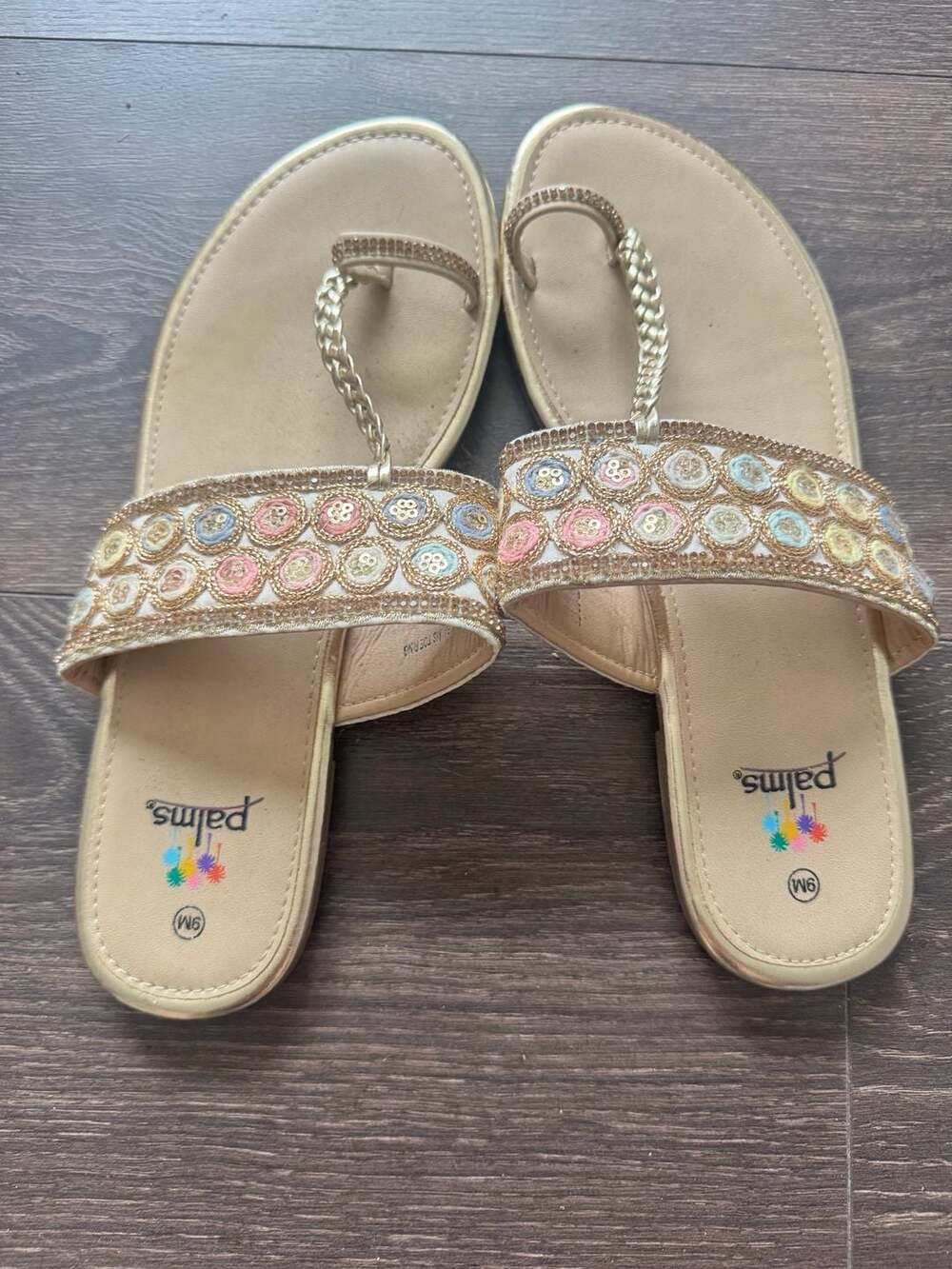 Palms Women Gold Embroidered Sequin Toe-Ring Flat Sandals Size 9M